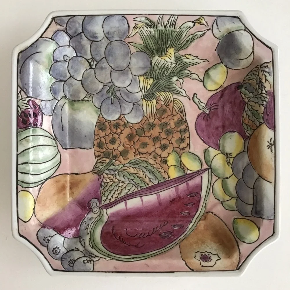Vintage Square Pastel Fruits Pattern Dish Plate Grapes Pineapple Melons Pears